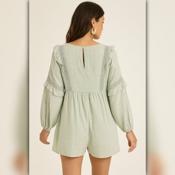 A470 • Mint Green Long Sleeve Ruffle Romper With Lace Detail - Picture 2 of 4
